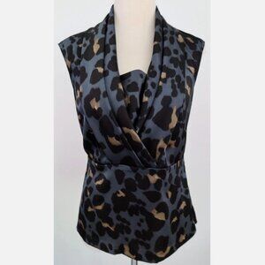 Ann Taylor Sleeveless Peplum Animal Leopard Print Surplice Top Gray, Black, Tan